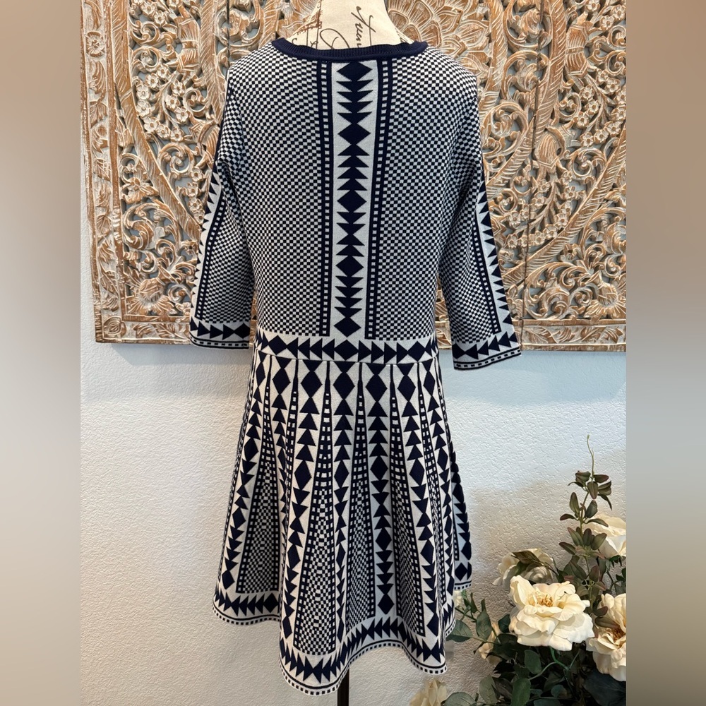 Nina Leonard Navy Blue & White Knit Midi Length Dress- size XL - Picture 2 of 11